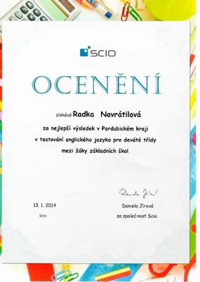 Nejúspěšnější  žák  a  žákyně  Pardubického kraje  s  „Oceněním“ od společnosti  SCIO navštěvují Základní školu Komenského, 23. 2. 2014