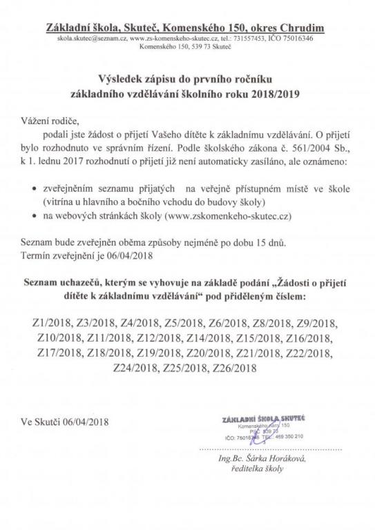 Výsledek zápisu do prvního ročníku základního vzdělávání školního roku 2018/2019, 6. 4. 2018