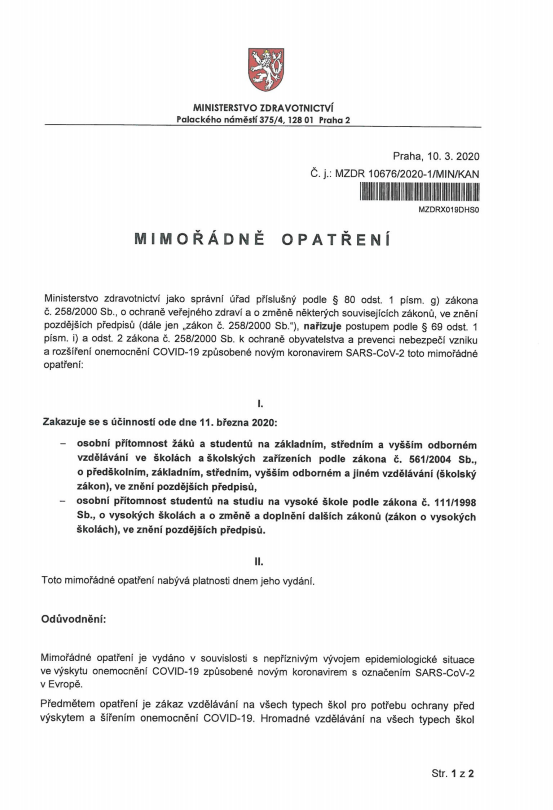 ŠKOLA UZAVŘENA, 11. 3. 2020