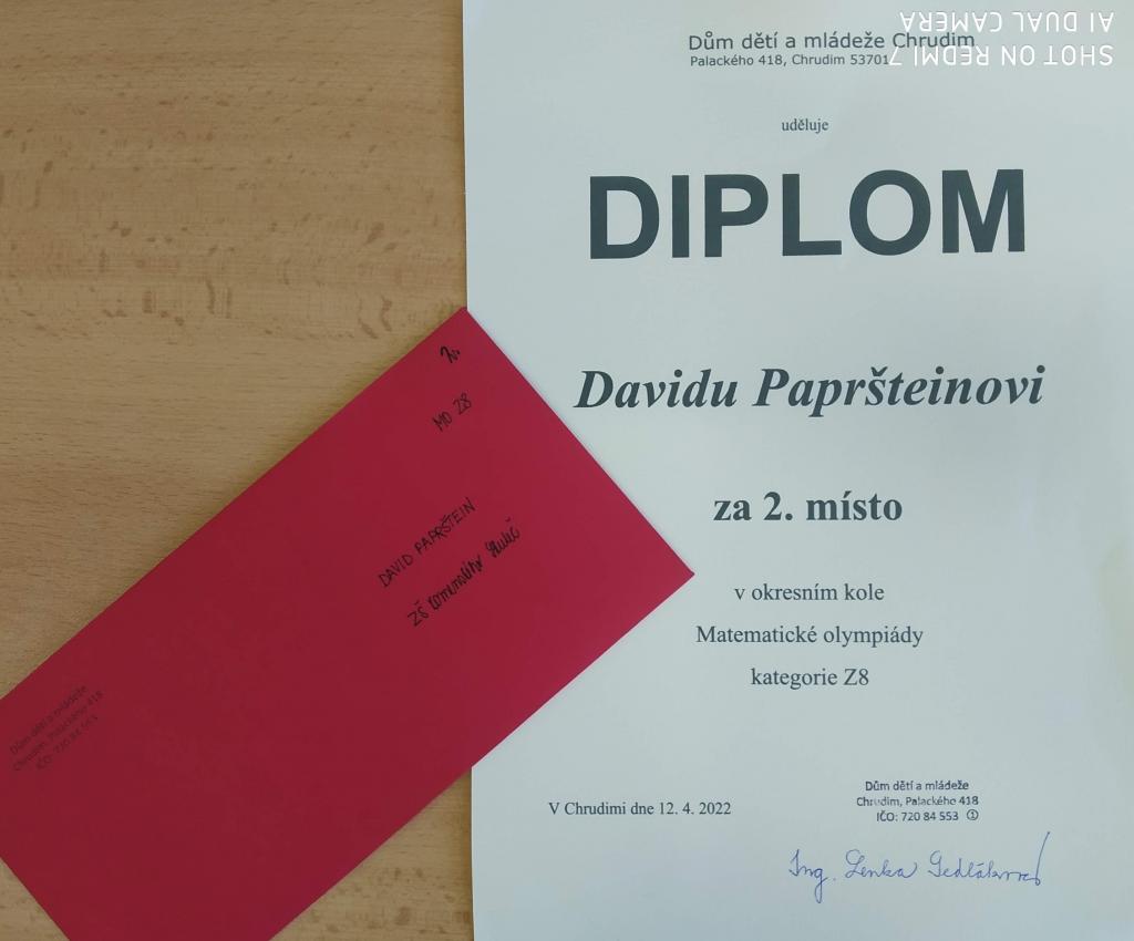 2. místo v okresním kole Matematické olympiády, 19. 4. 2022