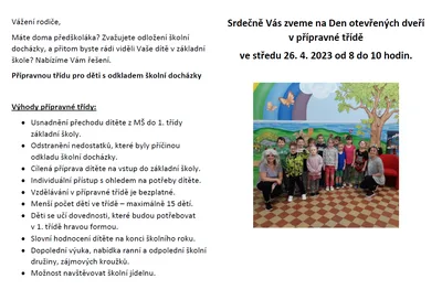 DEN OTEVŘENÝCH DVEŘÍ V PŘÍPRAVNÉ TŘÍDĚ, 26. 4. 2023