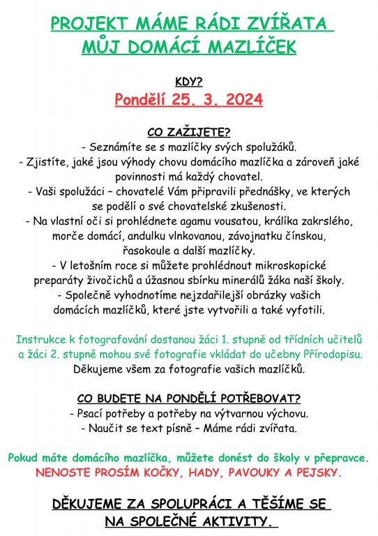 Projekt Máme rádi zvířata, 18. 3. 2024