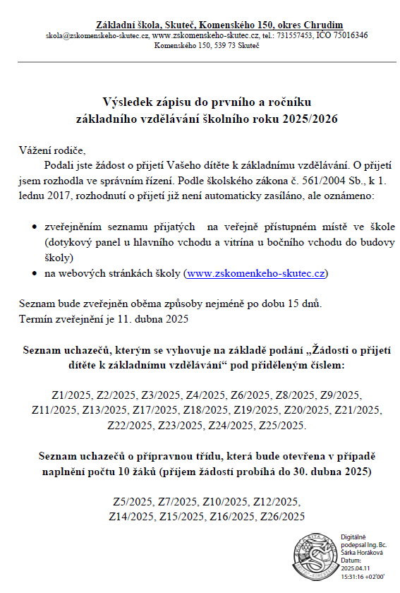 Výsledek zápisu do prvního ročníku základního vzdělávání školního roku 2025/2026, 11. 4. 2025