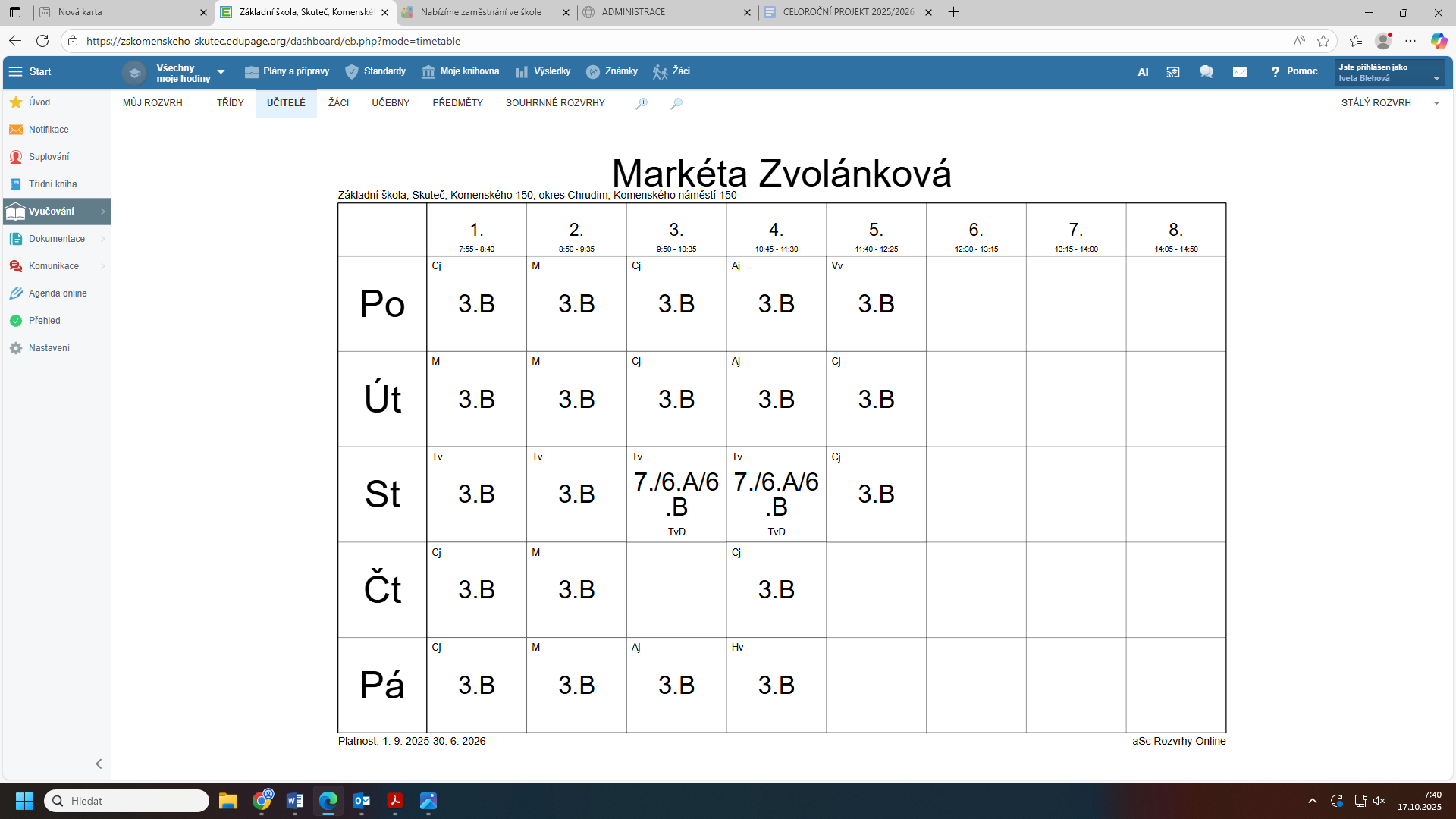 Rozvrhy hodin, 29. 8. 2025