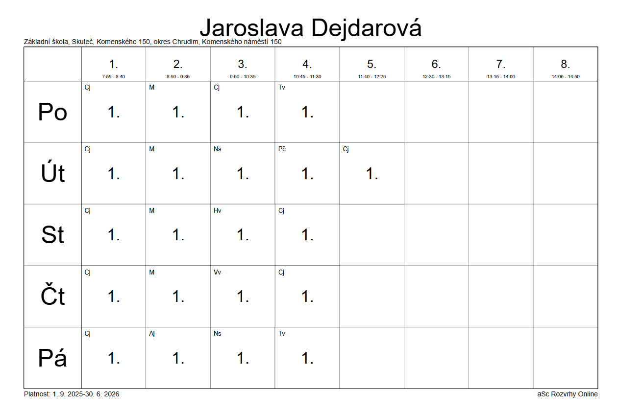 Rozvrhy hodin, 29. 8. 2025